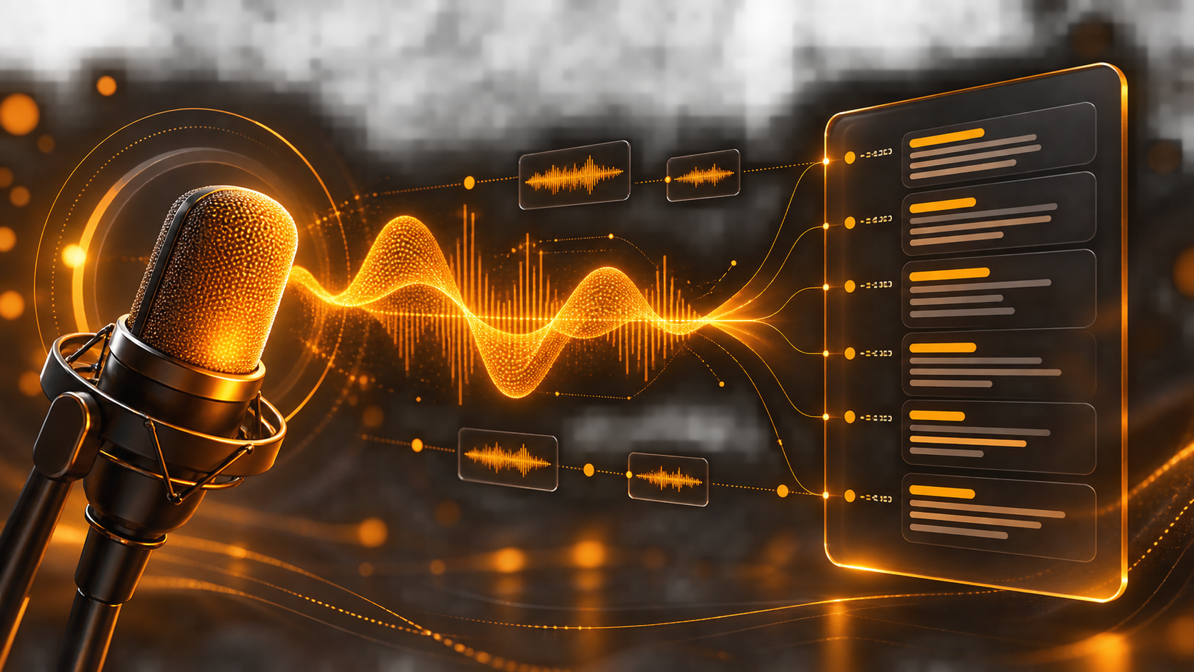 An amber microphone and sound wave transforming into a structured transcription panel on a dark background