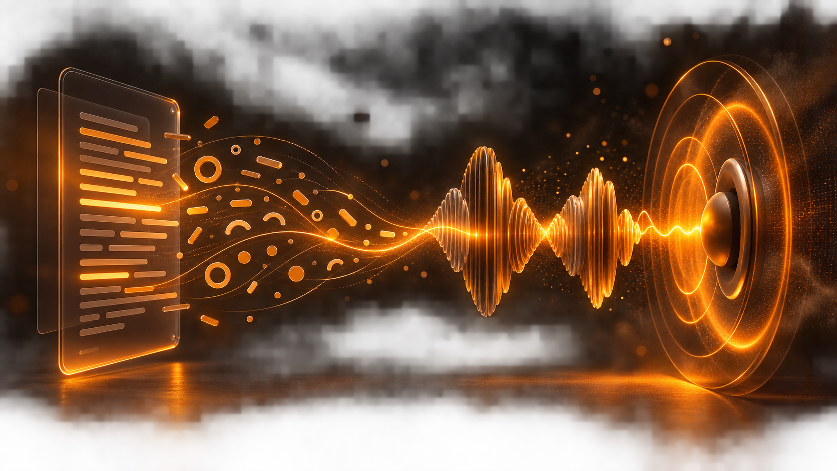 An amber text panel transforming into a glowing sound wave and speaker on a dark background